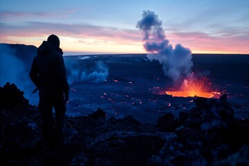 person silhouetted against lavafilled crater at dusk - obrazy, fototapety, plakaty