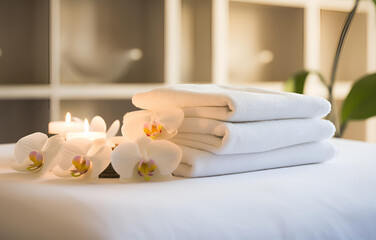 Fototapeta na wymiar Towels and candles on massage table in spa salon. Place for rela