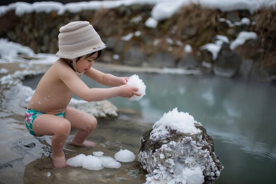 child in hat and swimsuit making snowballs by a hot spring