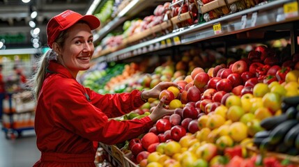 Smiling Woman Supermarket Employee Replenishing Fruits On The Fruit Shop Shelf. Generative AI.