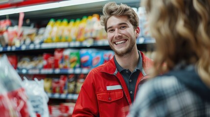 Young Supermarket Employee. Customer Service Concept. Generative AI