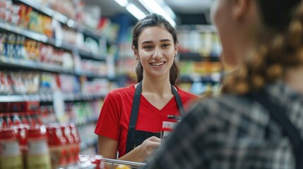 Female Grocery Store Employee Helping A Customer. Customer Service Concept. Generative AI.
