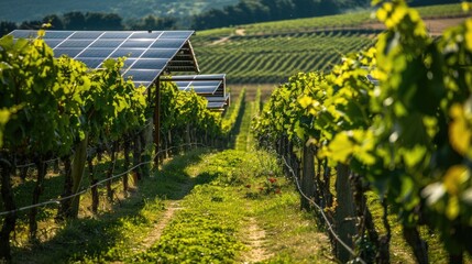 Solar Panels Installed On Vineyard Cultivation Land. Concept Of Agrovoltaic Energy. Generative AI.