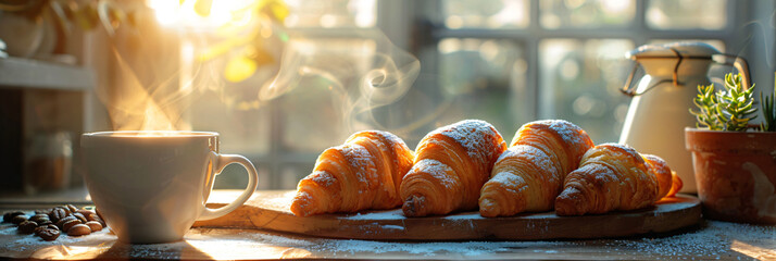 Fresh croissants with powdered sugar and a cup of hot coffee on a wooden table. Cozy breakfast with a window view. Menu concept design for poster, banner,  advertisement - obrazy, fototapety, plakaty