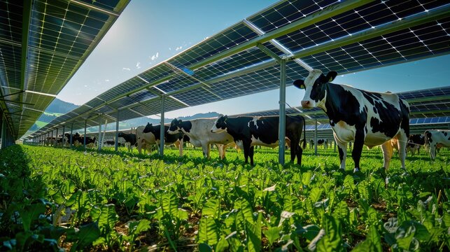 Cows In The Field Next To Solar Panels. Concept Of Agrivoltaic Energy. Generative AI