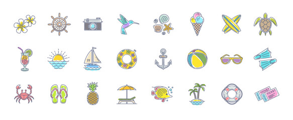 Summer holidays, travel and vacation icon set. Outline drawing vector objects, items, signs and symbols.