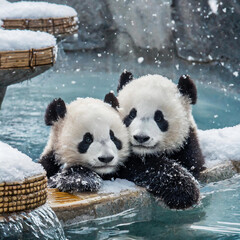 겨울 온천을 즐기는 쌍둥이 판다