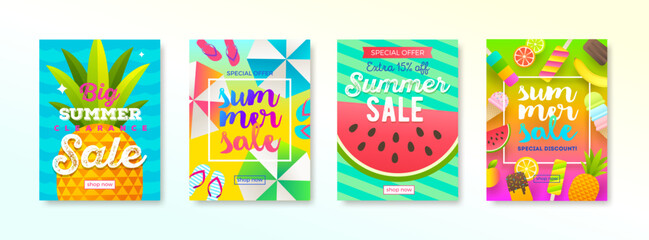 Set of summer sale promotion banner. Summer holidays and travel colorful bright background. Vacation poster  design. Vector illustration. - 768569939