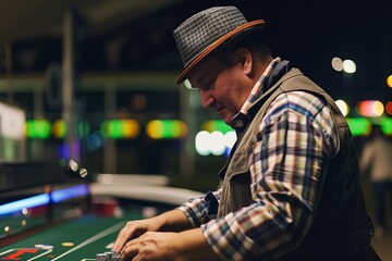 man in fedora placing a bet at a racetrack - obrazy, fototapety, plakaty