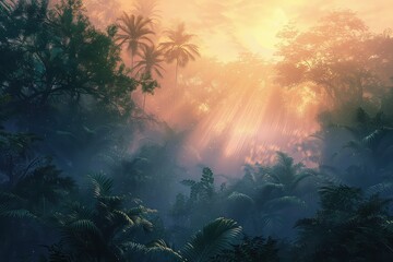 Misty Jungle at Dawn, Breaking Light, Awakening Wildlife, Tranquil Atmosphere, Digital Painting - obrazy, fototapety, plakaty