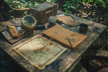 Jungle Explorer's Campsite, Vintage Equipment, Bygone Era Adventure, Antique Feel, Digital Illustration - obrazy, fototapety, plakaty