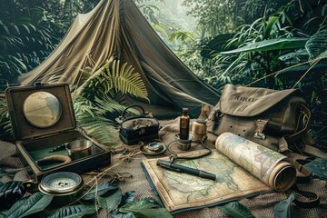 Jungle Explorer's Campsite, Vintage Equipment, Bygone Era Adventure, Antique Feel, Digital Illustration - obrazy, fototapety, plakaty