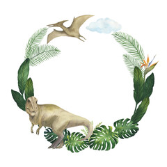 Watercolor circle frame with illustration of a dinosaurs and tropical leaves, monstera, palm trees, isolated. For children's room decor, wallpaper, textile © dakora