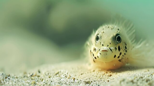 Cute baby boxfish nibbling sandy underwater. 4k video animation