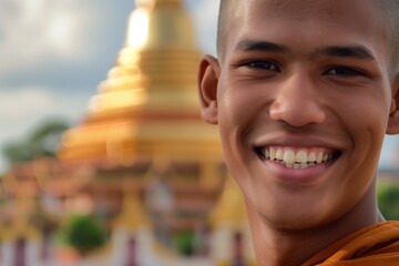 closeup of a monks smiling face with a blurred temple background - obrazy, fototapety, plakaty