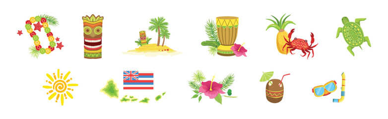 Hawaiian Object and Item of Beach Resort Vector Set