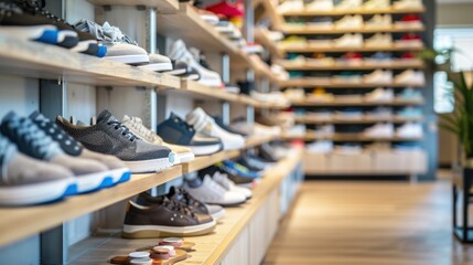 A display of athletic shoes on a shelf in a shoe store. generative AI image - obrazy, fototapety, plakaty