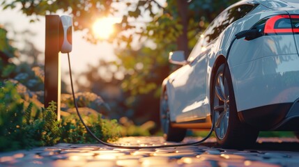Portrait of an electric car recharging the battery with a cable on a nature background. generative AI - obrazy, fototapety, plakaty