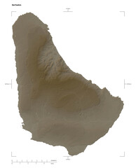 Barbados shape isolated on white. Sepia elevation map - obrazy, fototapety, plakaty