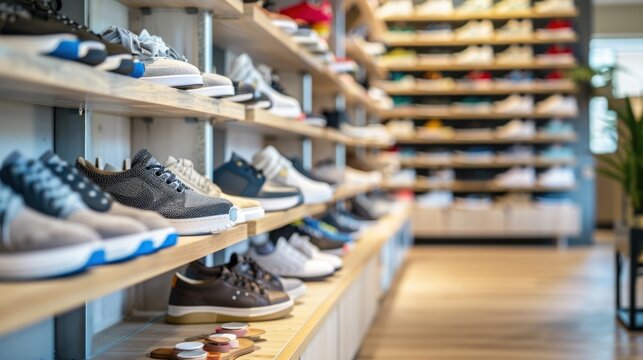 A display of athletic shoes on a shelf in a shoe store. generative AI image