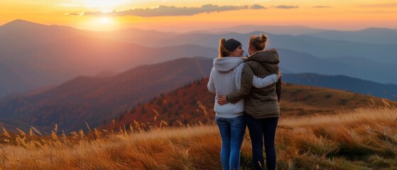 Watching the sunset with two friends on top of the Carpathians mountains. - obrazy, fototapety, plakaty