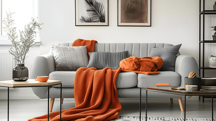 Living room modern interior design with white sofa, wall and pillows in peach fuzz color ,Cozy serene studio apartment with orange sofa. Scandinavian style interior design of modern living room
