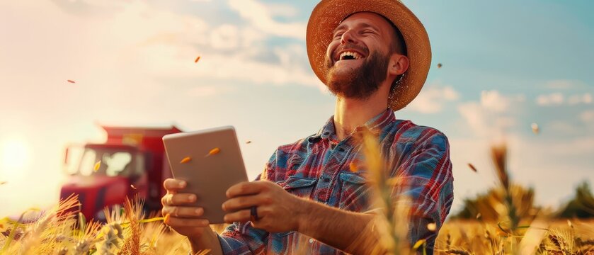 An Attractive Farmer With A Straw Hat, Holding A Tablet, And Throwing Sunflower Seeds In The Air During Harvest Is Satisfied With His Harvest Efforts