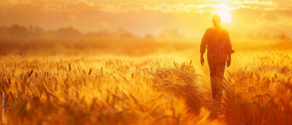 Poster harvesting wheat at sunset and walking through wheat fields.