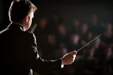 baton raised high as conductor prepares downbeat