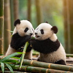 죽순하나도 나눠 먹는 쌍둥이 판다