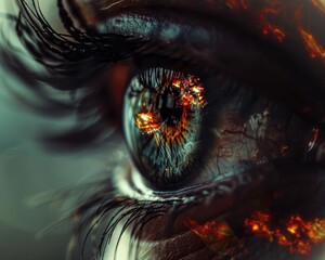A close-up of a human eye that reflects a horrific scene not visible to the observer - obrazy, fototapety, plakaty