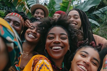 A group of friends capturing a joyous selfie with laughter and genuine smiles