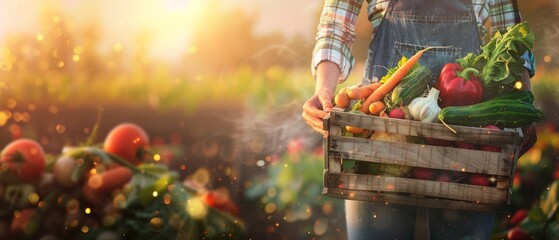 In her hands, she holds a wooden box full of fresh raw vegetables (cabbage, carrots, cucumbers, radish, corn, garlic and peppers).