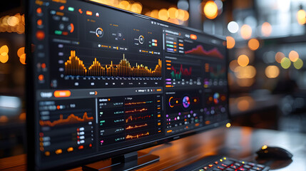 High-resolution monitors display intricate financial trading data with graphs and analytics in a professional trading environment - obrazy, fototapety, plakaty