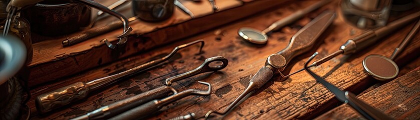 A vintage-inspired photo of classic dental tools evoking the history and evolution of dentistry - obrazy, fototapety, plakaty