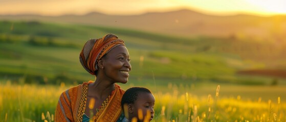 An African woman smiling and a boy standing in a green field with the boy being a bit blurry - obrazy, fototapety, plakaty