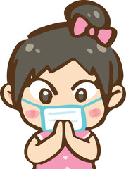 Cute little girl with face mask folds her hands together in respect, pay for the good health, press the hands together at the chest 