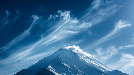 A stunning view of a snow-covered mountain peak beneath a vivid blue sky with artistic brush-like clouds, perfect for nature backgrounds - obrazy, fototapety, plakaty