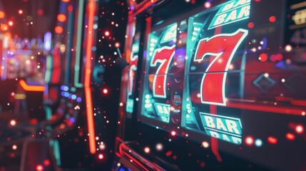 Portrait of a casino slot machine lit up with the number 77 of luck and excitement. generative AI
