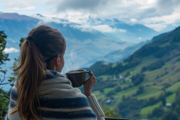 woman enjoying hot beverage, overlooking alpine scenery - obrazy, fototapety, plakaty