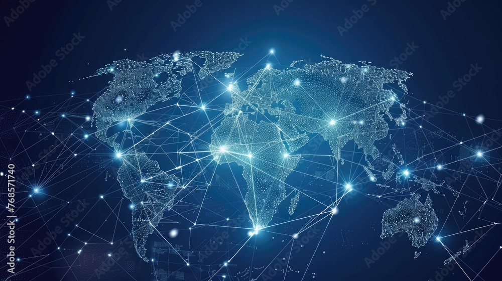 Wall mural digital representation of global network connections with glowing nodes