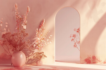 Arch shape wall flowers on the sides with light and shadow in Peach colored. Florals and botanicals with Grainy gradients color. Minimalist design. Generative AI.