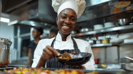 Smiling female chef cooking with a frying pan in a professional kitchen.