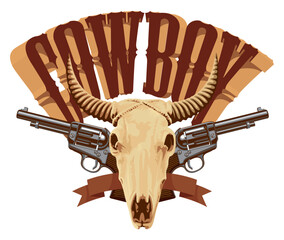 Vector emblem for a Cowboy Rodeo show. Decorative illustration with skull of bull and two pistols in retro style. Suitable for banner, logo, icon, invitation, flyer, label, tattoo, t-shirt design - 768571785