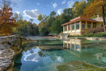 Hot Springs National Park, known for its natural hot springs and bathhouses. - obrazy, fototapety, plakaty