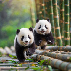 정답게 뛰어 노는 쌍둥이 판다