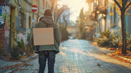 Portrait of a rough looking man holding an empty sandwich board, world poverty concept. generative AI image