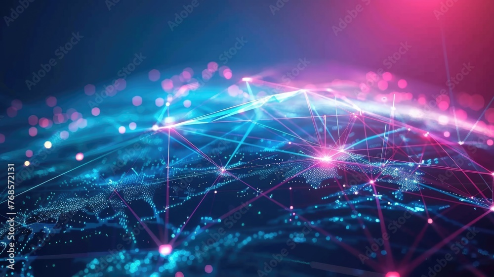 Wall mural digital representation of global network connections with glowing nodes