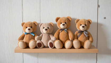 Wooden shelf with teddy bears in the room colorful background