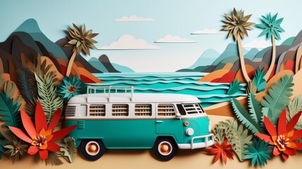 Vibrant 3d paper cut summer beach scene collage craft with trendy handmade look and vibrant colors